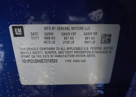 2012 Chevrolet Cruze Ls from USA, damaged, VIN 1G1PC5SH9C7216522